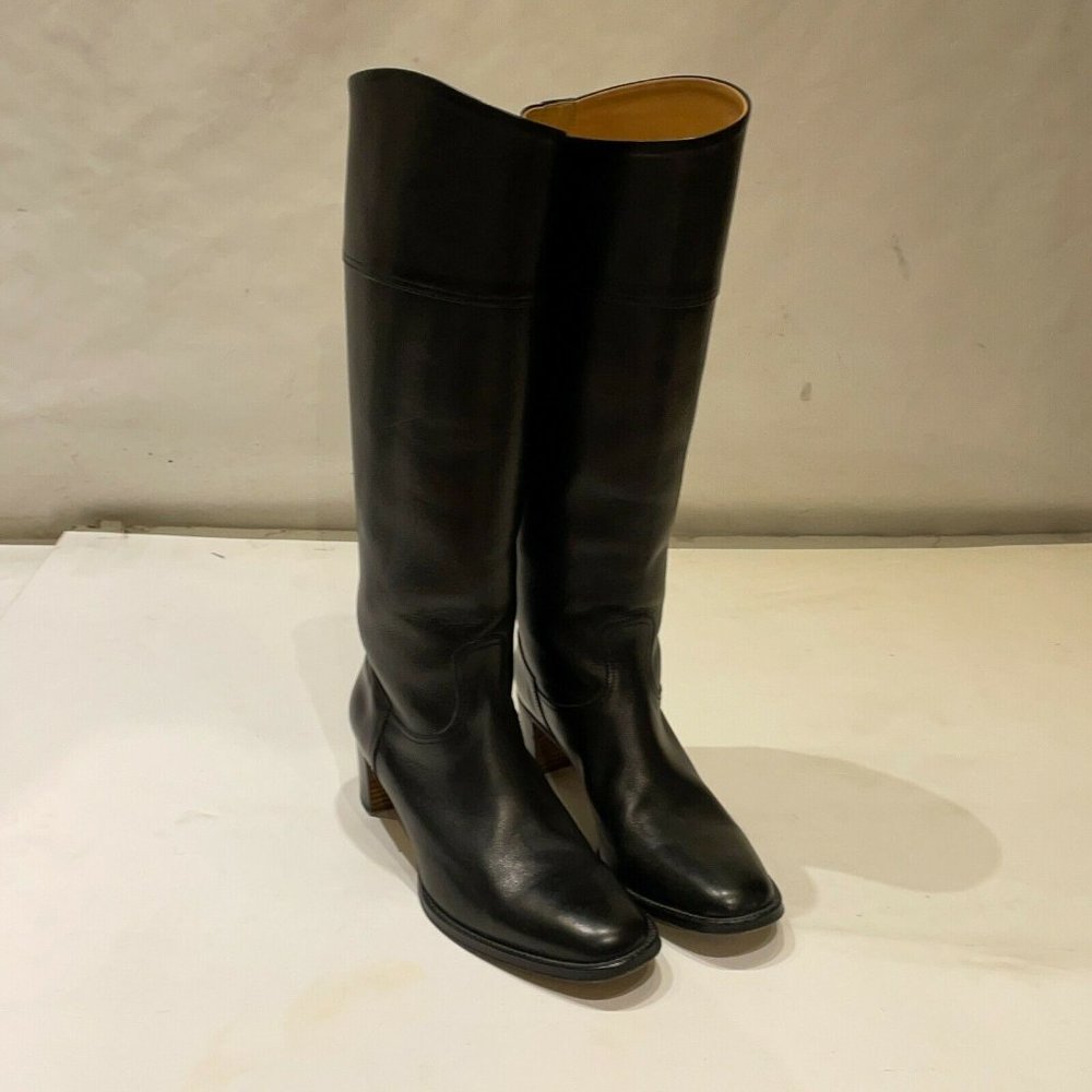 Hermes Womens Black Leather Block Heel Tall Equestrian Riding Boots Size US 9